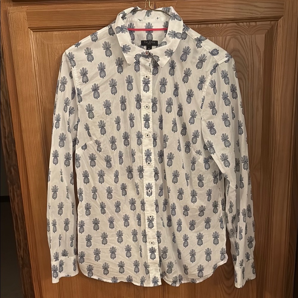 Talbots White and Blue Pineapple Print Blouse